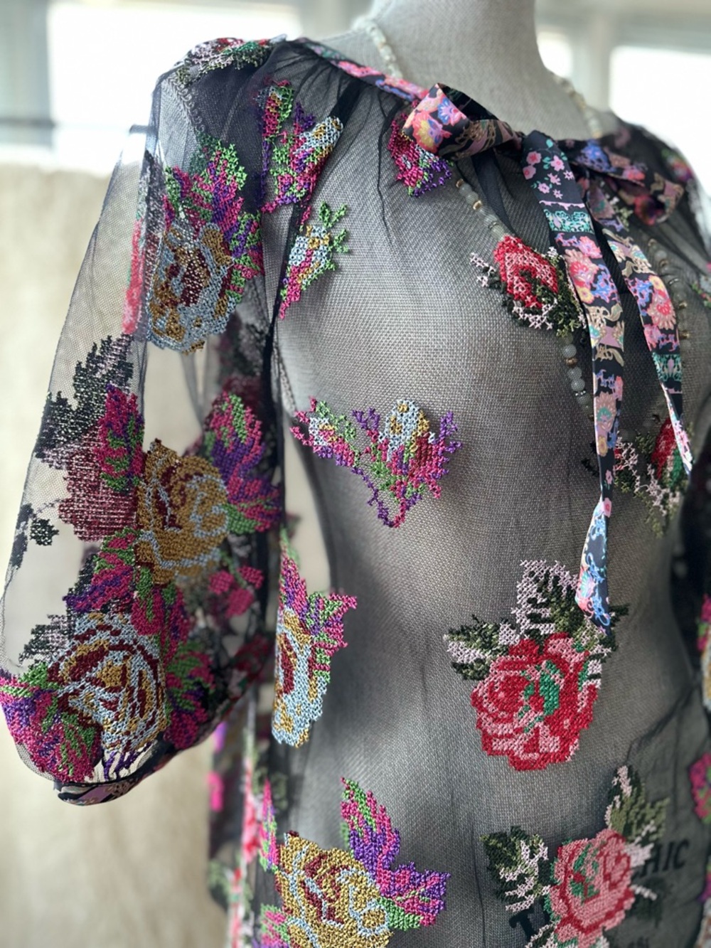 Anna Sui Sheer Black Floral Beaded Blouse with Ribbon Tie - Picture 3 of 15